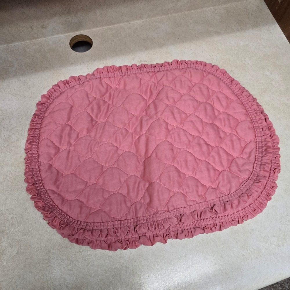 Vintage Cottagecore Quilted Ruffle Placemats Lot of 3 Dusty Rose Pink Oval 18"